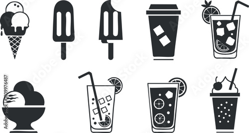 Collection of minimalist black and white vector illustrations featuring various ice cream and beverage icons for summer-themed designs