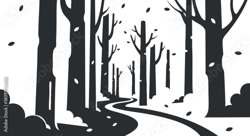 Minimalist black and white vector illustration of a winding path through a serene forest with tall trees and falling leaves