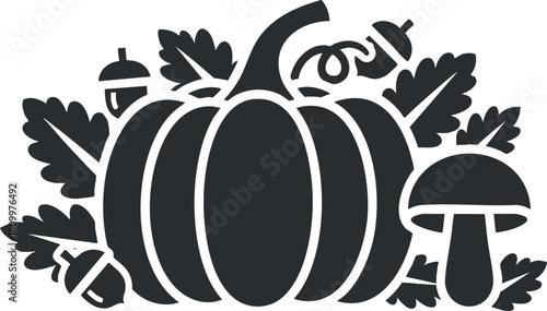 Stylized black silhouette vector illustration of a pumpkin surrounded by autumn leaves, acorns, and a mushroom for seasonal decor.