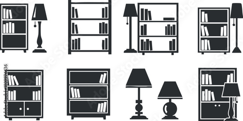 Set of minimalist black and white vector illustrations featuring bookshelves and lamps for modern interior design projects