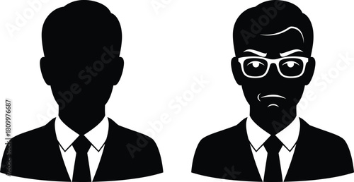Two silhouetted men in suits one with glasses and a stern expression