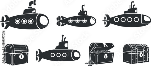 Silhouette vector icon set featuring submarines and treasure chests for marine adventure and exploration themes