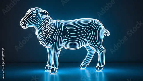 Neon Light Lion Sculpture with Blue and White Stripes in Dark Environment
