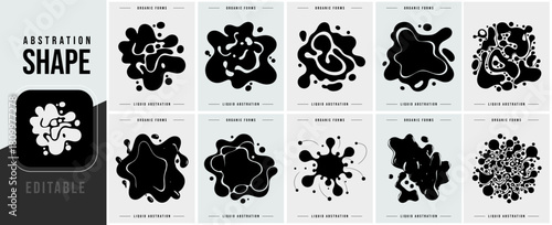 Collection of abstract black ink blot shapes on white background for design elements