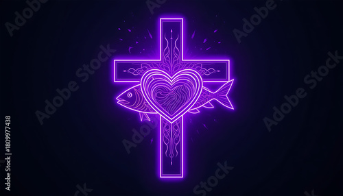 Neon Cross with Heart and Fish in Vibrant Purple Glow on Dark Background