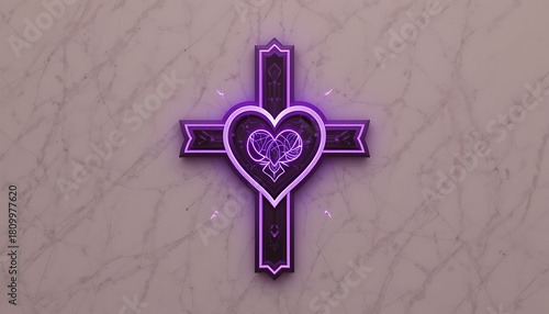Neon Heart Cross Wall Light Purple Heart with Leaf Design Modern Decor