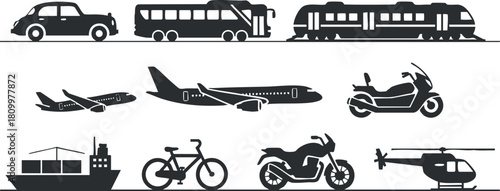Collection of black and white vector icons representing various modes of transportation including cars, buses, planes, and bicycles