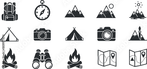Set of minimalist black and white outdoor adventure vector icons featuring camping gear, photography elements, and navigation symbols