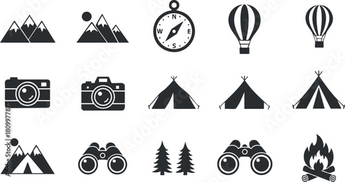 Collection of minimalist black and white vector icons featuring camping elements like mountains, tents, binoculars, and a compass for outdoor adventure projects