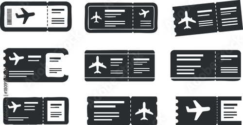 Minimalist black and white vector illustration of airplane tickets and boarding passes for travel-related design projects