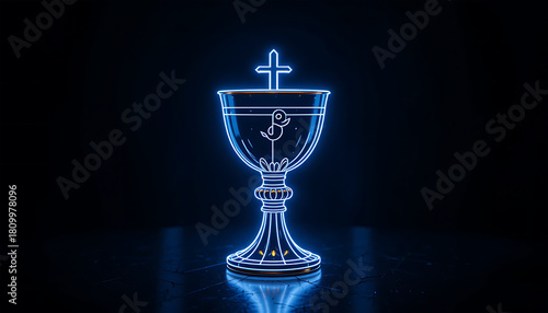 Neon Cross and Chalice Light Art Illuminated Religious Symbol