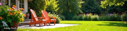 Sun-drenched patio furniture sits empty, inviting relaxation on a perfect summer day A vibrant green lawn and blooming flowers complete the idyllic home summer scene , flowers, green, sun