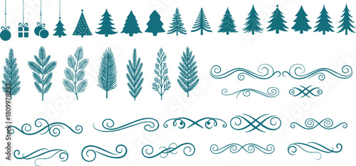 Hand drawn christmas trees and ornaments in blue green