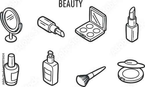 Stylish vector illustration set of beauty and cosmetic products including lipstick, mirror, skincare bottles, and makeup tools