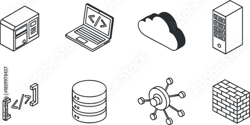 Minimalist line art vector icon set depicting computer technology elements for web development and IT projects