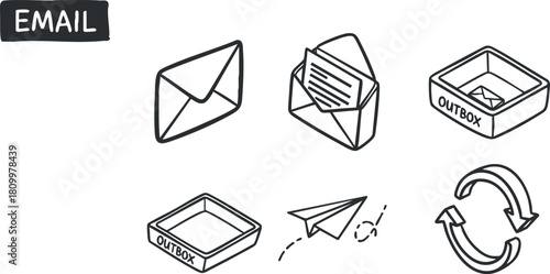 Hand-drawn vector illustration of email concepts including inbox, outbox, and message symbols for digital communication designs