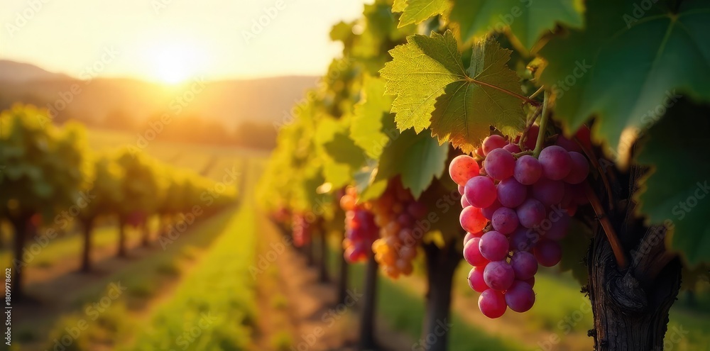 Naklejka premium Sunlight dapples rows of ripe grapes hanging heavy on the vine, ready for harvest in a picturesque vineyard Golden hour illuminates the lush landscape , nature, harvest