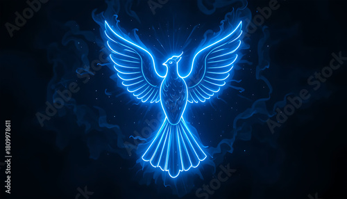 Neon Blue Glowing Phoenix Bird with Outstretched Wings in Dark Fantasy Style