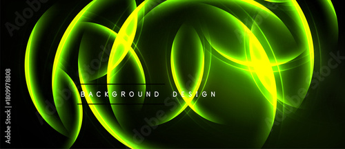 Abstract green luminous shapes overlap, creating dynamic background. Bright curves suggest energy, motion, modern design aesthetic.