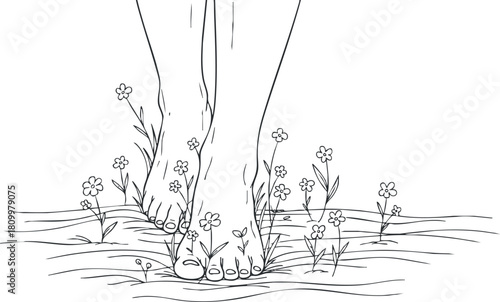 Minimalist line art illustration of bare feet standing among blooming flowers, perfect for wellness and nature themes
