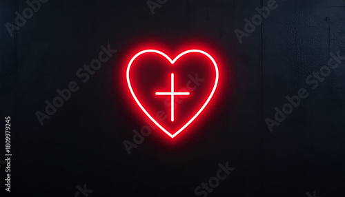 Neon Red Heart with Cross Symbol on Dark Wall Modern Religious Decor