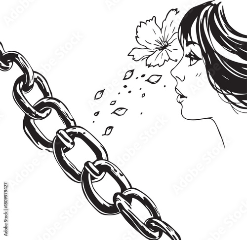 Woman Profile with Flower Petals Escaping Heavy Chains Concept Vector Illustration Freedom