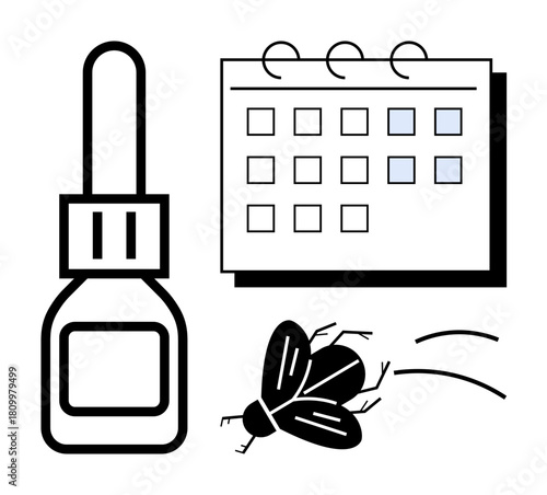 Bottle of repellent, a calendar with marked dates, and a flying insect suggest pest control, time management, reminders, planning, home care, efficiency, and routine in a simple flat metaphor