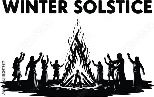 Black and white illustration for a winter solstice celebration with people gathered around a large bonfire