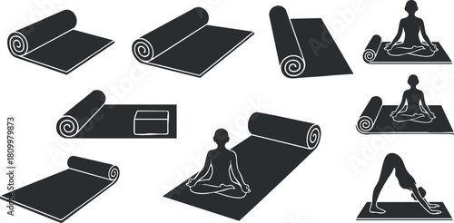 Silhouette vector icon set displaying various yoga mats and poses, ideal for fitness and wellness branding projects