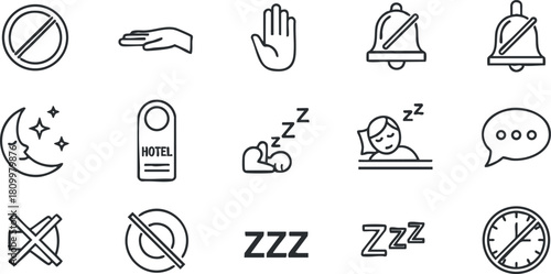 Flat line icon collection of hotel and sleep concepts including signs, bells, and rest symbols for hospitality design