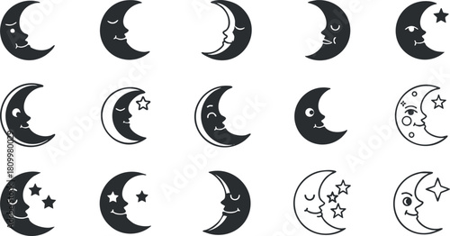 Whimsical vector pattern of smiling moons and stars in black and white, perfect for children's designs and celestial themes