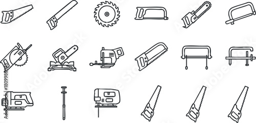 Vector icon set of various saws including hand saw, circular saw, jigsaw, and hacksaw for construction and woodworking projects