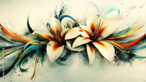 Abstract Floral Symphony: Vibrant Lilies with Painterly Strokes and Dynamic Color Accents