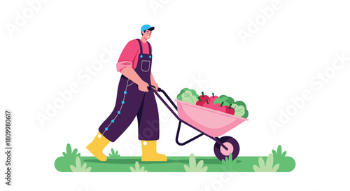 Cheerful male farmer in overalls pushing a pink wheelbarrow filled with a fresh harvest of apples and vegetables from the garden.