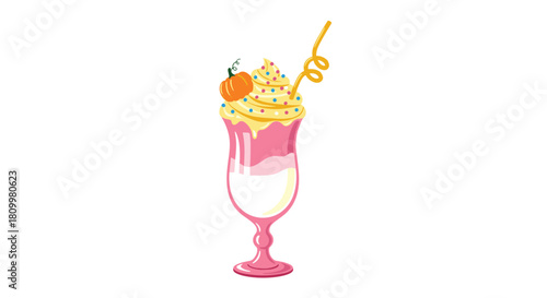 Delicious autumn pumpkin spice milkshake in a tall glass with whipped cream and colorful sprinkles isolated on a white background.