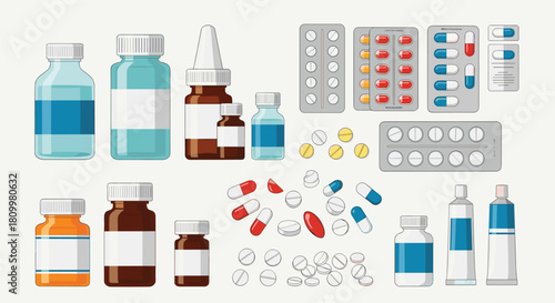 Comprehensive collection of various medical drugs and supplies including pills capsules and bottles for pharmacy and healthcare concepts.