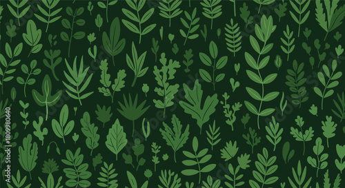 Dense seamless pattern of various green leaves and botanical elements creating a lush foliage background for a natural wallpaper design.