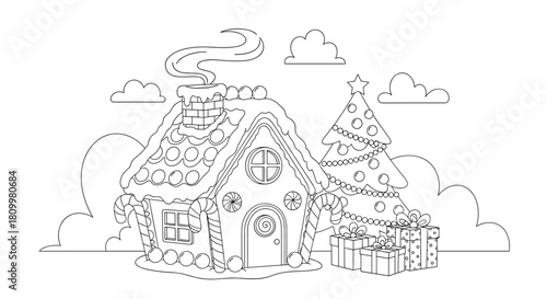 Festive Christmas coloring page featuring a detailed gingerbread house a decorated tree and a pile of presents ready for coloring.