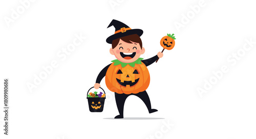 Joyful cartoon boy in a cute pumpkin costume and witch hat celebrating Halloween with a bucket of candy and a lollipop treat.
