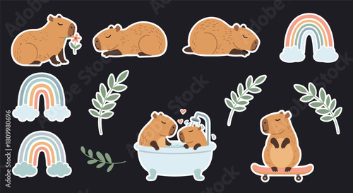 Adorable sticker pack of cute cartoon capybaras in various fun poses with rainbows and leaves for scrapbooking and decoration.