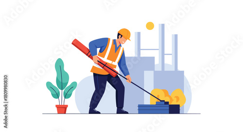 Construction worker in a safety vest and hard hat using a lever to perform work on a building site in a flat vector illustration.
