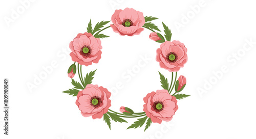 Elegant floral wreath frame made of delicate pink poppy flowers and green leaves arranged in a circle on a white background.