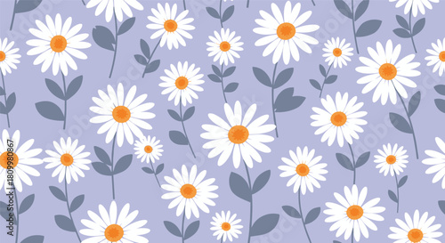 Sweet and simple seamless floral pattern of white daisy flowers with grey-green leaves on a lovely light purple background.