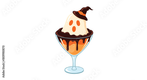Cute Halloween ghost dessert with a little witch hat served in a glass with chocolate and orange layers on white background.