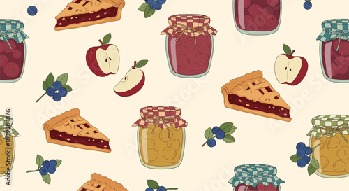 Cozy seamless pattern with homemade pies fruit jams in jars apples and blueberries for a rustic kitchen and bakery background.