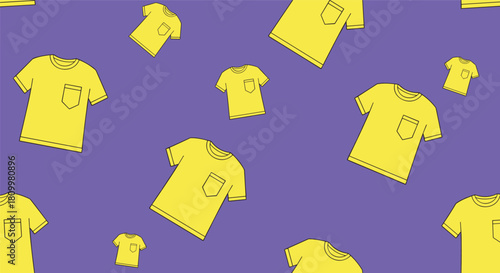 Simple and modern seamless pattern of yellow t-shirts with pockets scattered randomly on a vibrant purple background for apparel design.