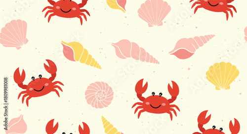 Cute seamless summer pattern with smiling red crabs and colorful seashells on a light beige background with speckle texture.