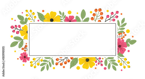 Bright and cheerful floral rectangular frame with colorful flowers berries and leaves perfect for invitations and greeting cards.