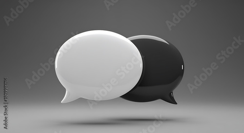 Dialogue Bubbles: A striking visual representation featuring two glossy speech bubbles, one pristine white and the other obsidian black, overlapping against a gradient background.