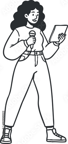 Minimalist black and white vector illustration of a woman holding a microphone while performing, ideal for entertainment and event design